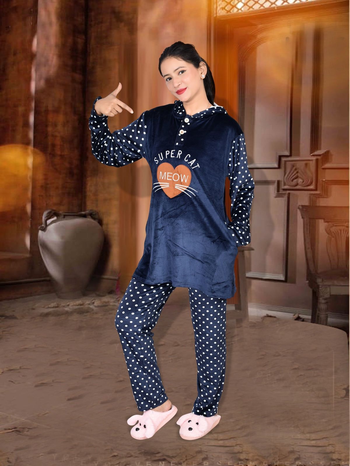 Imported Winter Nightsuite Heavy Stuff Dress for Girls(Navy)-L