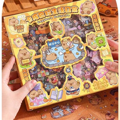 Capybara Daily Life 100-Piece PET Sticker Sheet Box Set (Multicolor) | Waterproof Decorative Stationery Stickers | Journaling & Crafting