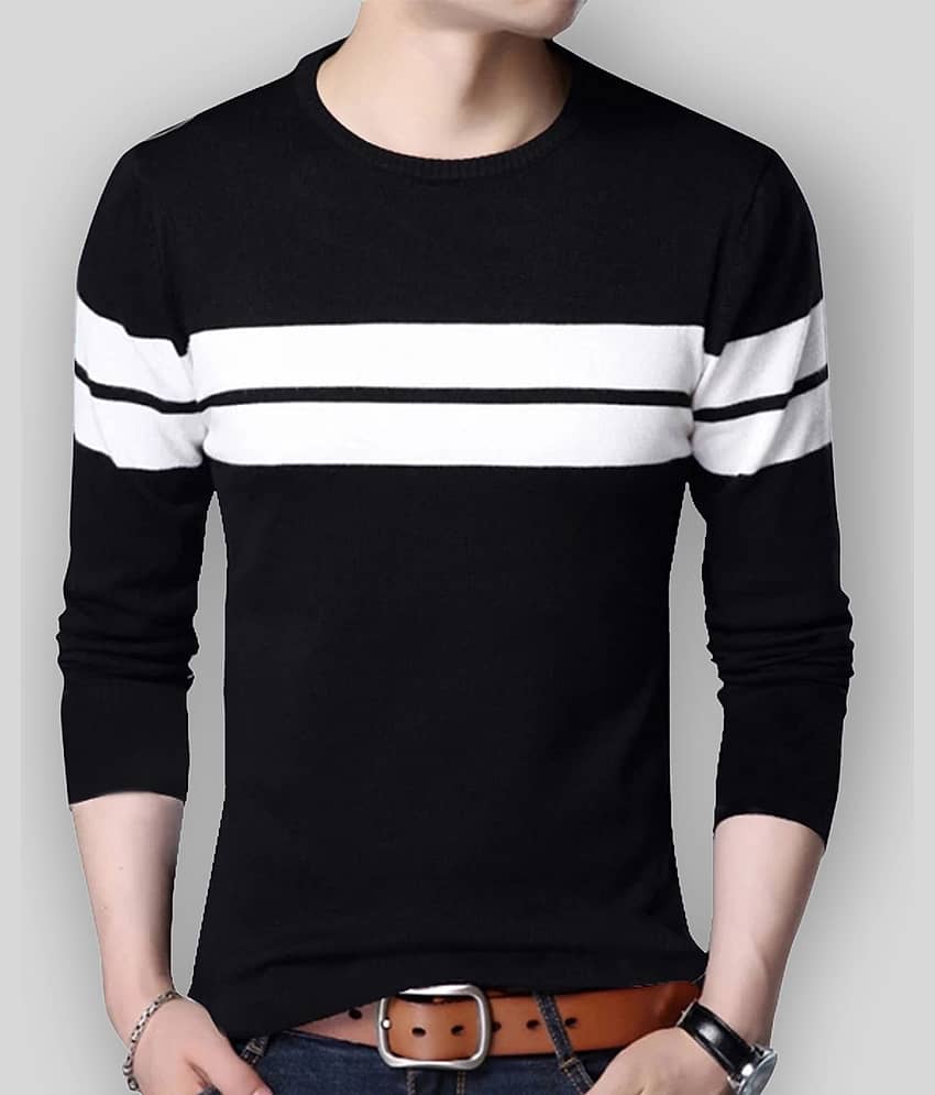 Leotude Men Cotton Blend Regular Fit Striped T-Shirt ( Black )