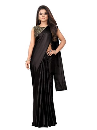 Generic Women's Satin Saree with Blouse (Black, 5 - 6 Mtrs)