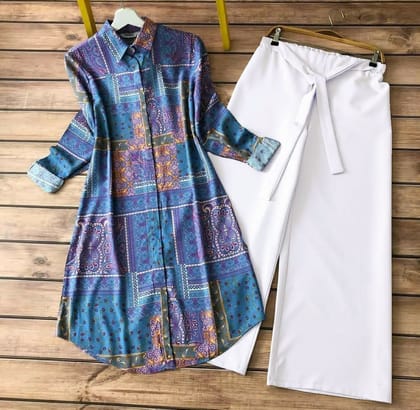 Chic Designer Printed Kurti With Palazzo in Light Blue by Glamastitch-M