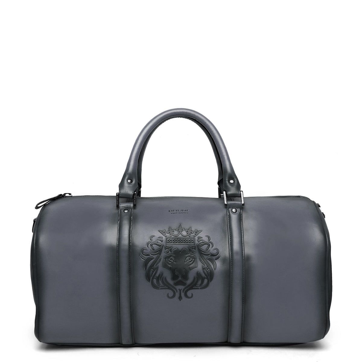 Embossed Lion Grey Leather Duffle Bag by Brune & Bareskin-FS