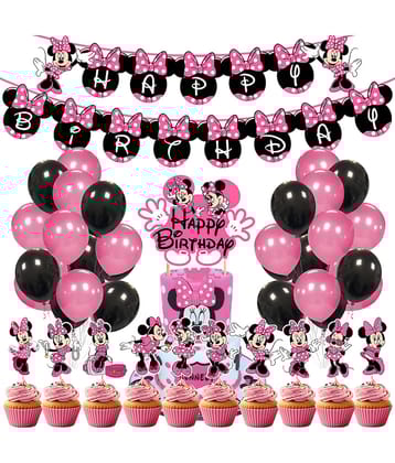 Zyozi Minnie Mouse Party Decoration Set, Minnie Mouse Themed Party Kit Banner, Cake Topper, Cup Cake Topper and Balloon For Girls' Birthday Minnie Mouse Themed Baby Shower (Pack of 37)