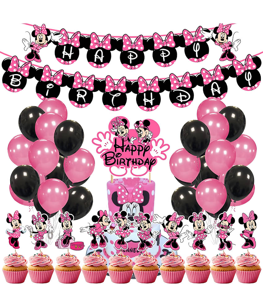 Zyozi Minnie Mouse Party Decoration Set, Minnie Mouse Themed Party Kit Banner, Cake Topper, Cup Cake Topper and Balloon For Girls' Birthday Minnie Mouse Themed Baby Shower (Pack of 37)