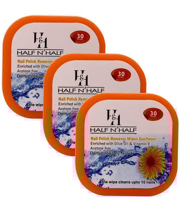 Half N Half Nail Polish Remover Wipes, Sunflower Flavour, Pack of 3 (90wipes)