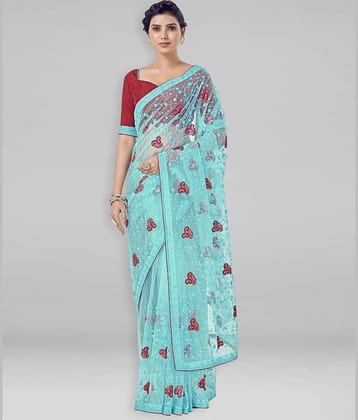 Sariya Net Embroidered Saree With Unstitched Blouse Piece ( Light Blue )