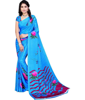 LEELAVATI Crepe Printed Saree With Unstitched Blouse Piece ( Light Blue )