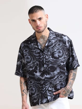 Hawaiian Wave Black Oversized Shirt-L / Black
