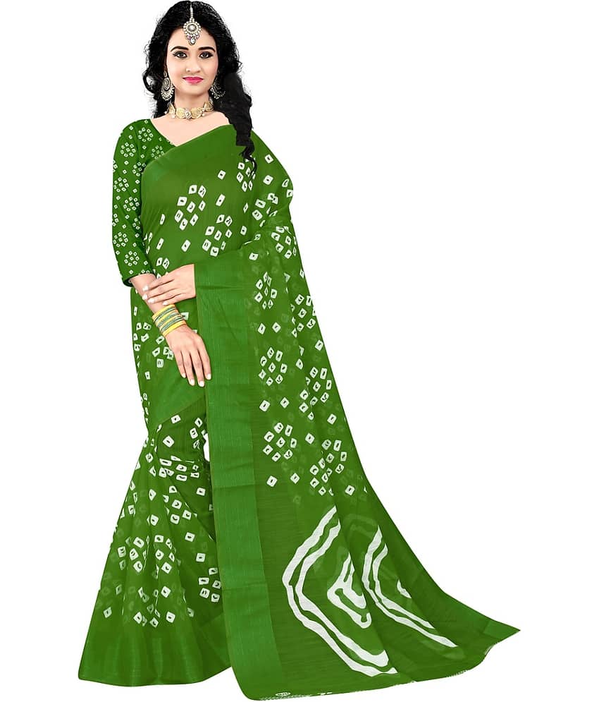 Grubstaker Cotton Printed Saree With Unstitched Blouse Piece ( Green )