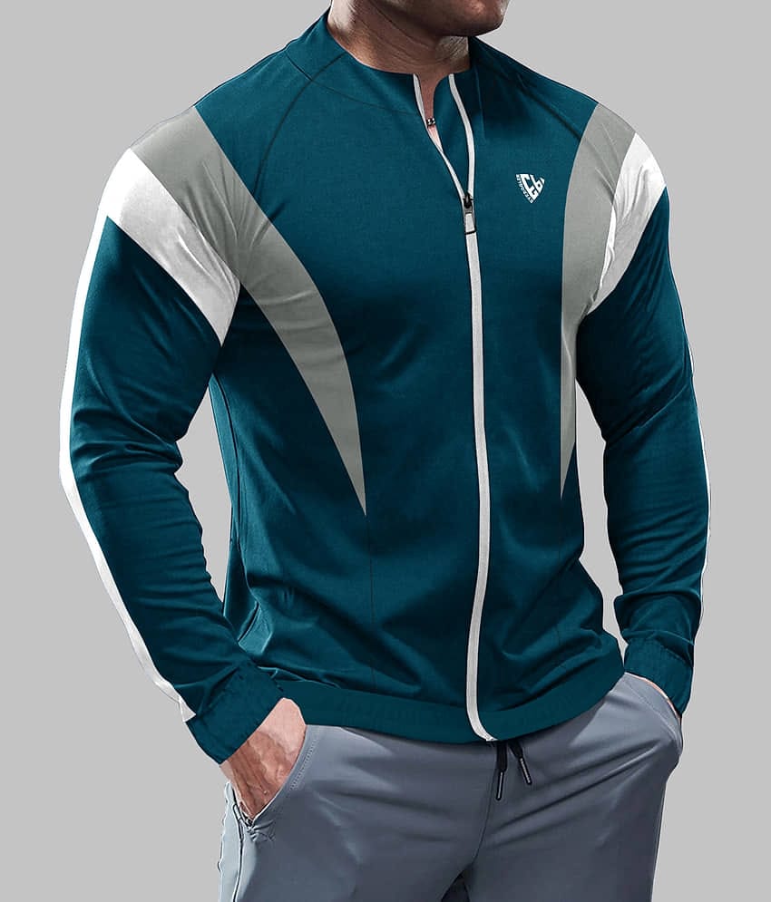 Eyebogler Polyester Regular Fit Colorblock Full Sleeves Men's Mandarin Collar T-Shirt - Blue ( Pack of 1 )