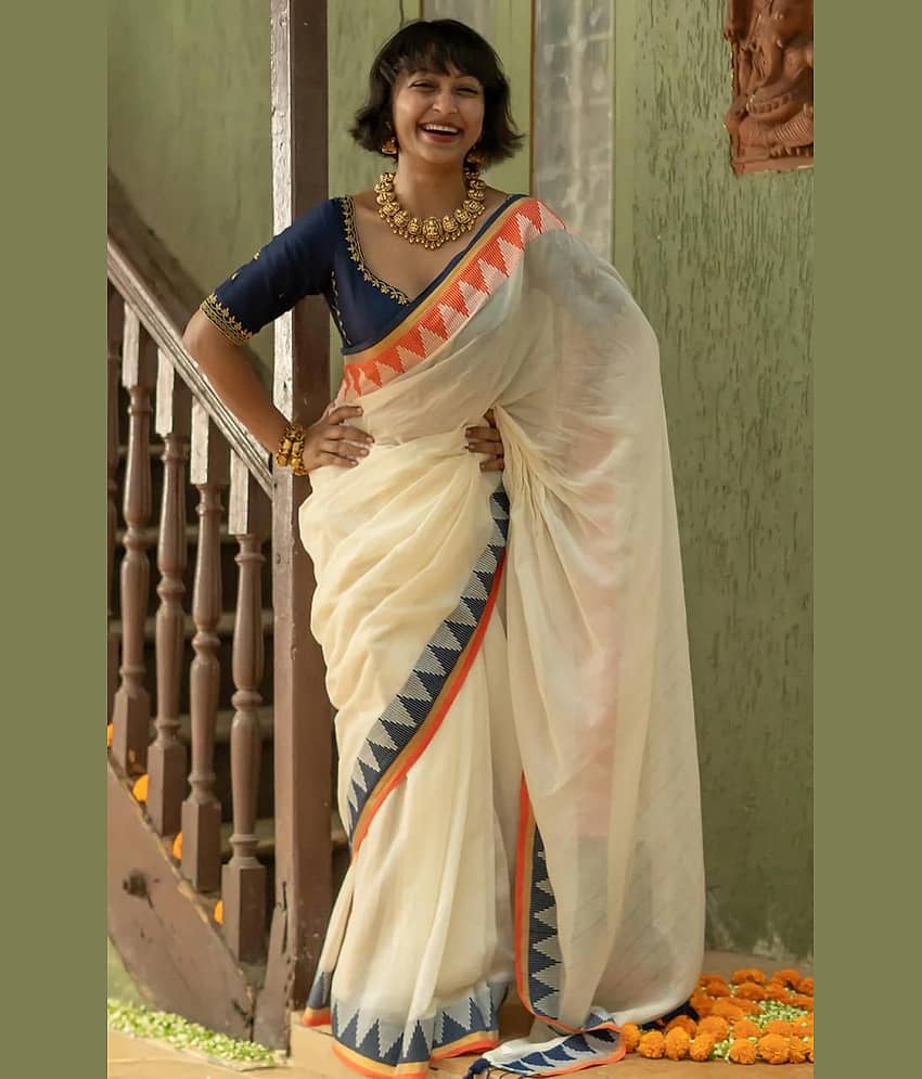 SARADA HANDLOOM Cotton Printed Saree With Unstitched Blouse Piece ( Off White )