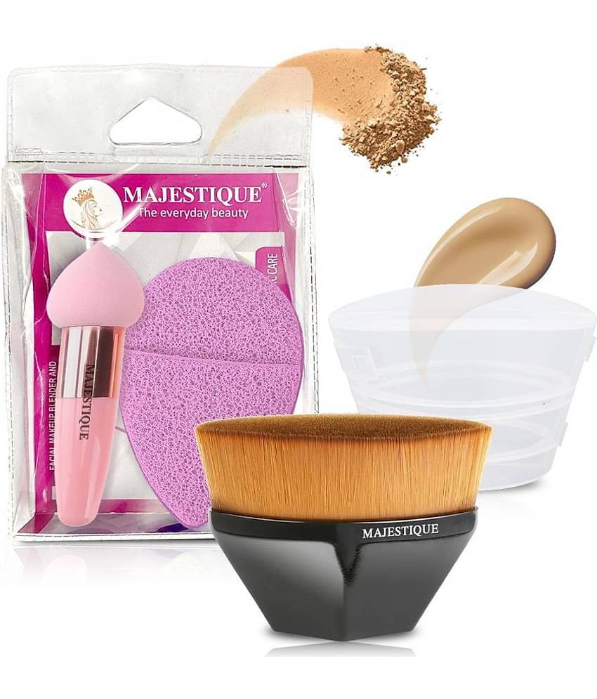 Majestique Flat Foundation Brush With Facial Cleaning Sponge And Makeup Sponge(Pack Of 3)