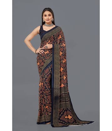 LEELAVATI Georgette Printed Saree With Unstitched Blouse Piece ( Navy Blue )