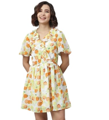 Women's Polyester Printed Flutter Above Knee Dress (Yellow - Orange, XL)-PID55787 Women's Polyester Printed Flutter Above Knee Dress (Yellow - Orange, XL)-PID55787