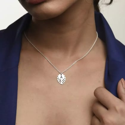 Personalized Initial Monstera Leaf Necklace-Silver