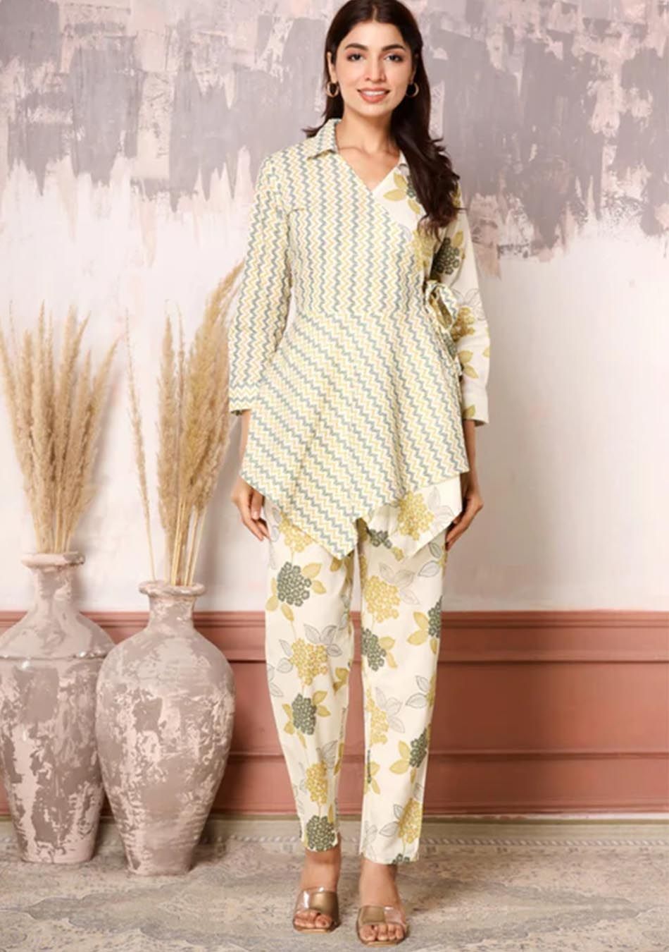 Zig Zag Floral Mustard & White Kurta and Pants-XL