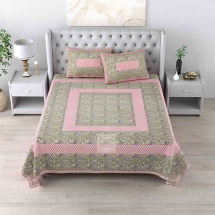 Floral Print Bedsheet Set with Pink Check Border