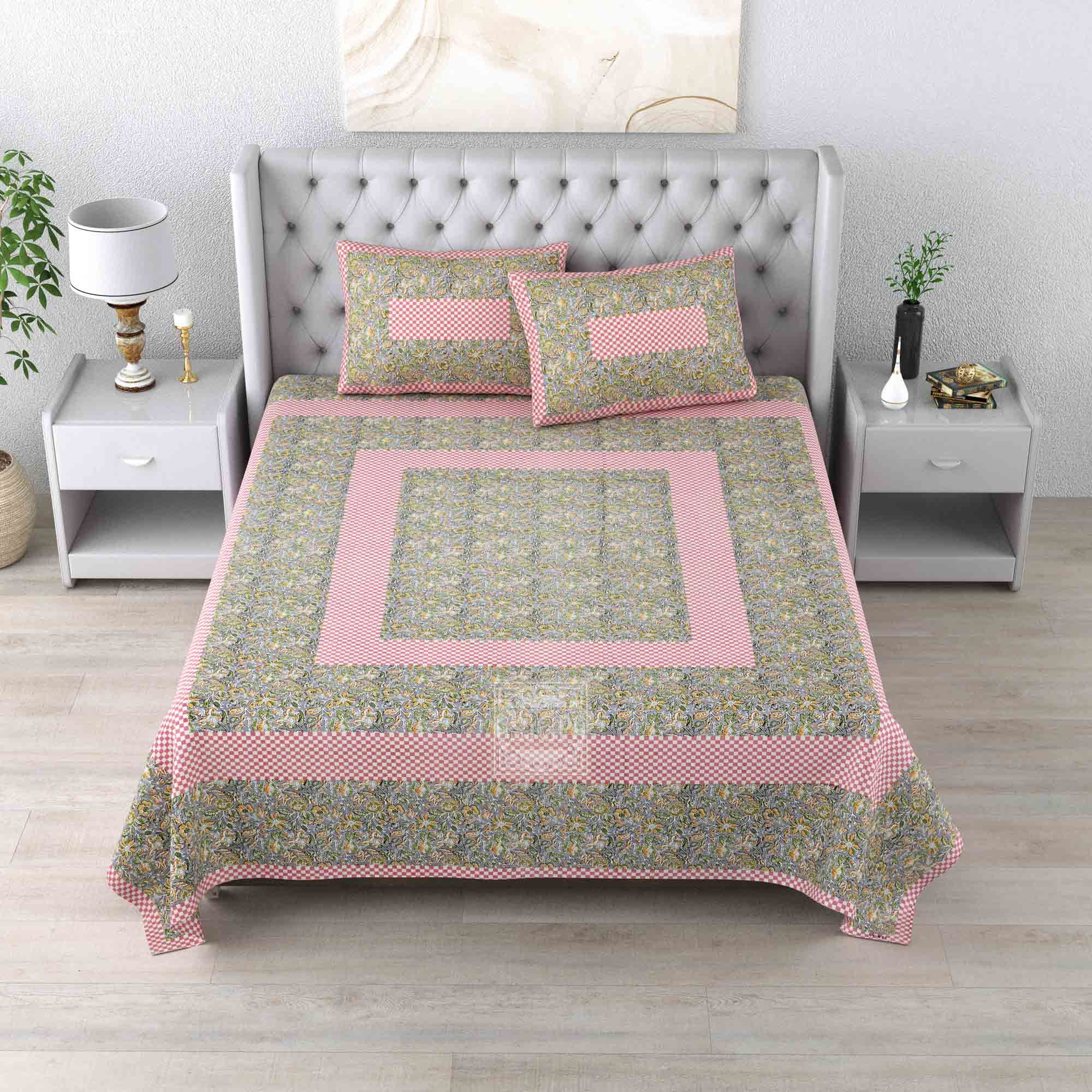Floral Print Bedsheet Set with Pink Check Border