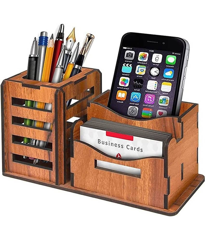 BIG BOSS ENTERPRISES 3 in 1 Pen Stand with Visiting Card & Mobile Holder Multipurpose Wooden Desk Organizer Pen and Pencil Stand for Office Table with Business Card Holder Box and Mobile Stand