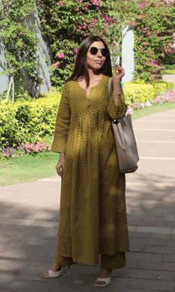 Cotton Flex Mustard Printed Buttoned Pleated Co-ord-XXS