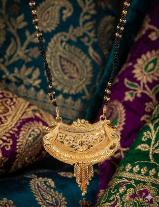 Traditional Double Chain Gold-Tone Mangalsutra with Intricate Pendant and Black Bead Design 10 x 10 x 1.5 cm Traditional Double Chain Gold-Tone Mangalsutra with Intricate Pendant and Black Bead Design 10 x 10 x 1.5 cm