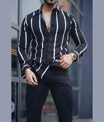ARZ Poly Cotton Regular Fit Striped Full Sleeves Men's Casual Shirt - Black ( Pack of 1 )