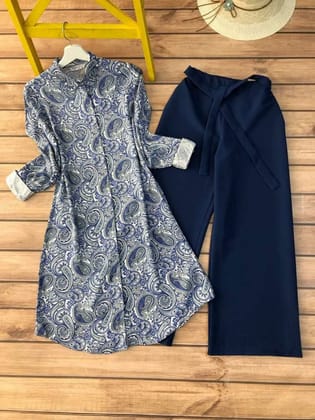 Women Wear Blue Floral Printed Modern Kurti with Blue Palazzo by GlamaStitch-M