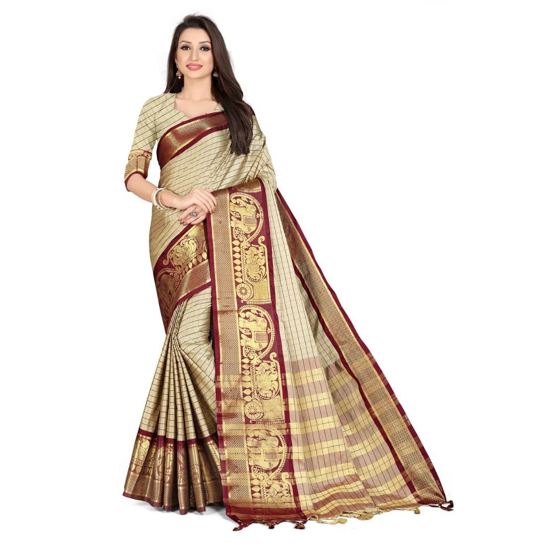 Generic Women's Cotton Silk  Saree with Blouse (Chiku, 5 - 6 Mtrs)