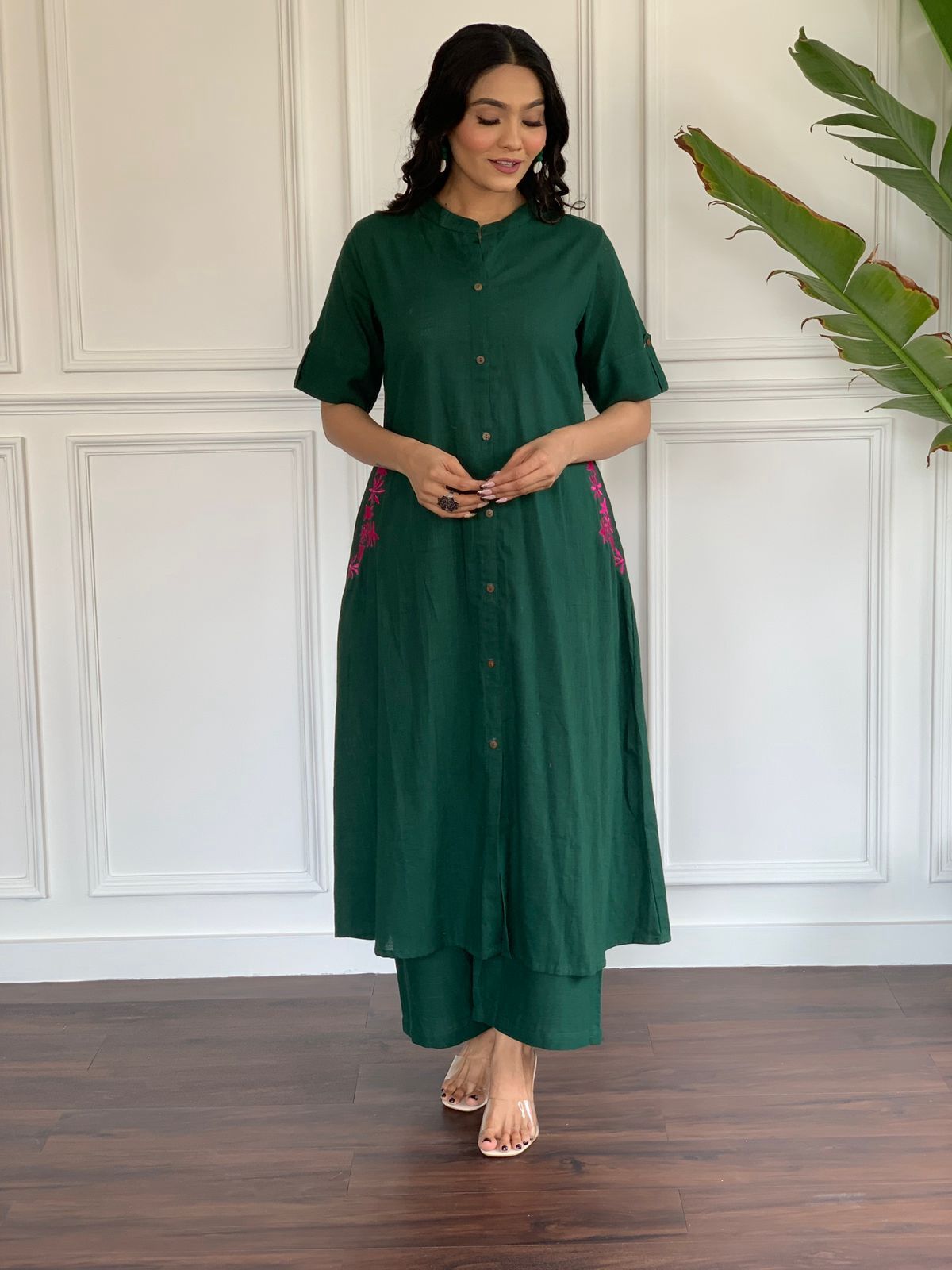 South Cotton Kurti And Palazzo For Women-Green / M