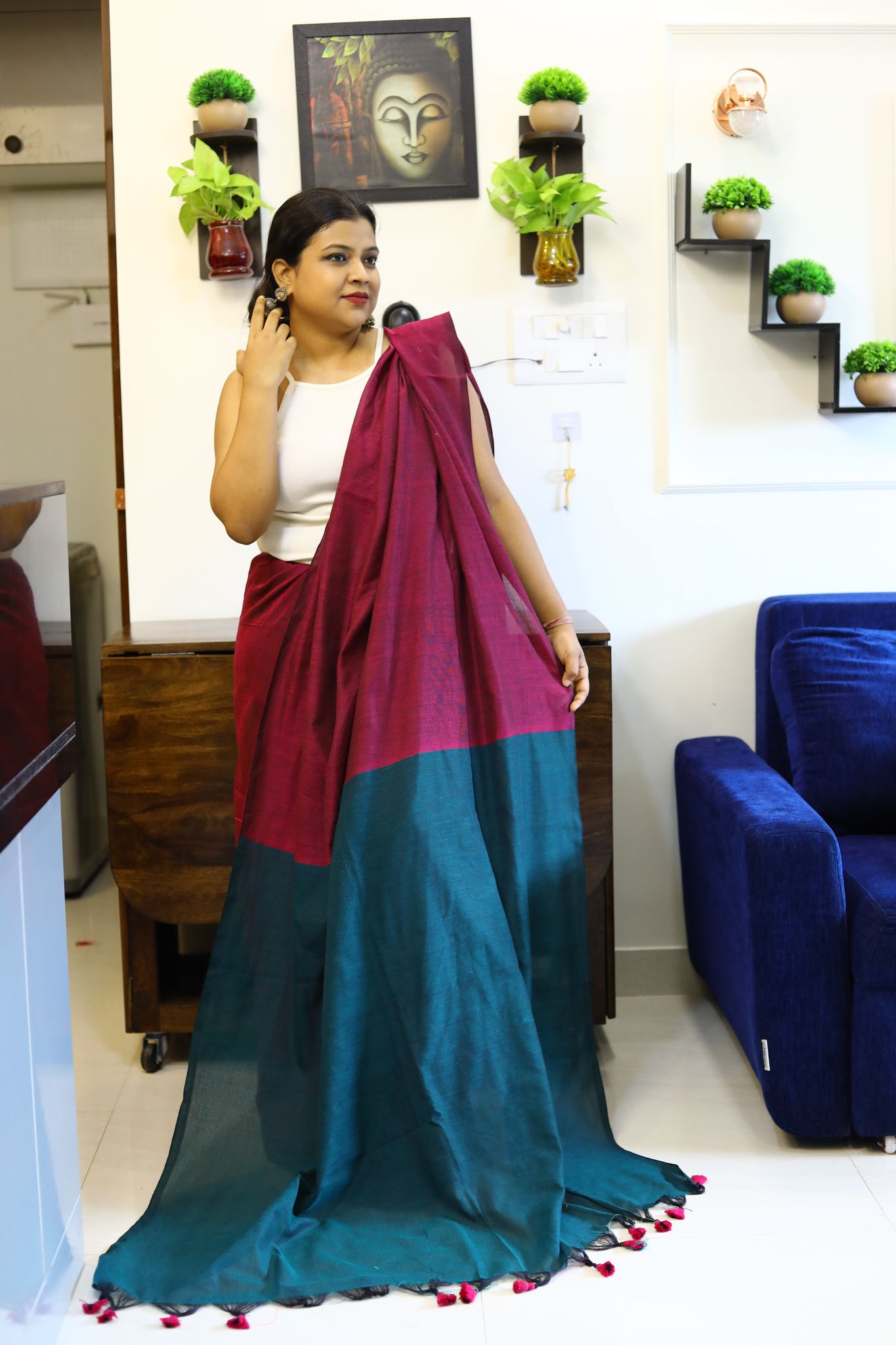 Seashell Serenity-Khadi Cotton / Handloom Khadi Cotton / Purple Red and Teal Blue