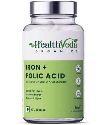 Health Veda Organics Iron+Folic Acid Supplements for blood building & Immunity, 60 Veg Capsules