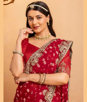 Samah Georgette Embroidered Bandhani Sarees With Unstitched Blouse Piece ( Red )
