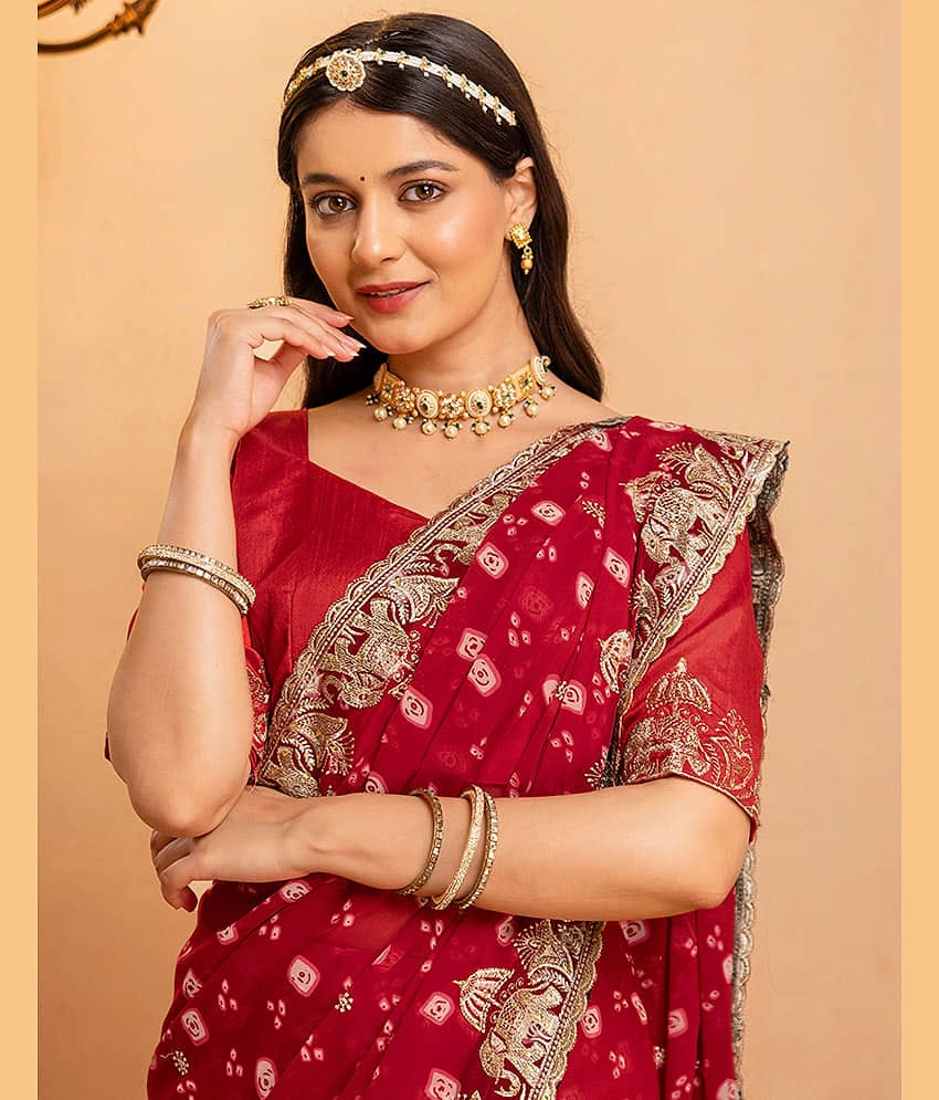 Samah Georgette Embroidered Bandhani Sarees With Unstitched Blouse Piece ( Red )