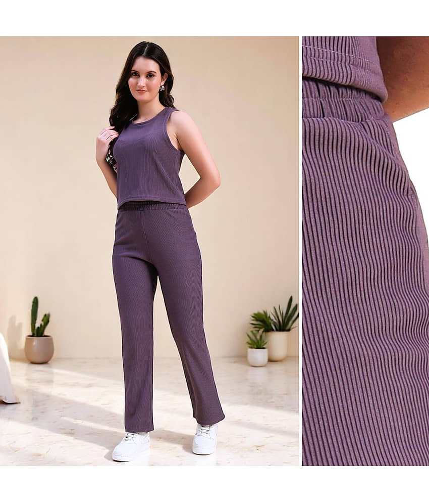 Leewan Women Self Design T-Shirt With Trousers Co-Ord Set ( Lavender )