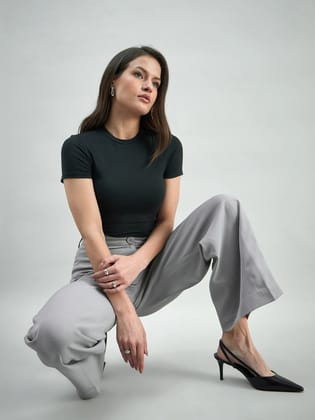 Women High Waisted Long Leg Straight Grey Stretchable  Trouser-XS