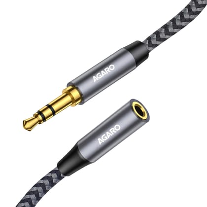AGARO 3.5mm Aux Male to Female Extension Cable, Audio Cable with Microphone Gold Plated Jack Nylon Braided for Car, Media Player & More 1.8 Meter (5.9 Ft), Silver & Black, (33668) AGARO 3.5mm Aux Male to Female Extension Cable, Audio Cable with Microphon