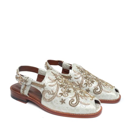 White Full Zardosi Peshawari Sandal Golden Buckle with Leather Sole-40/6
