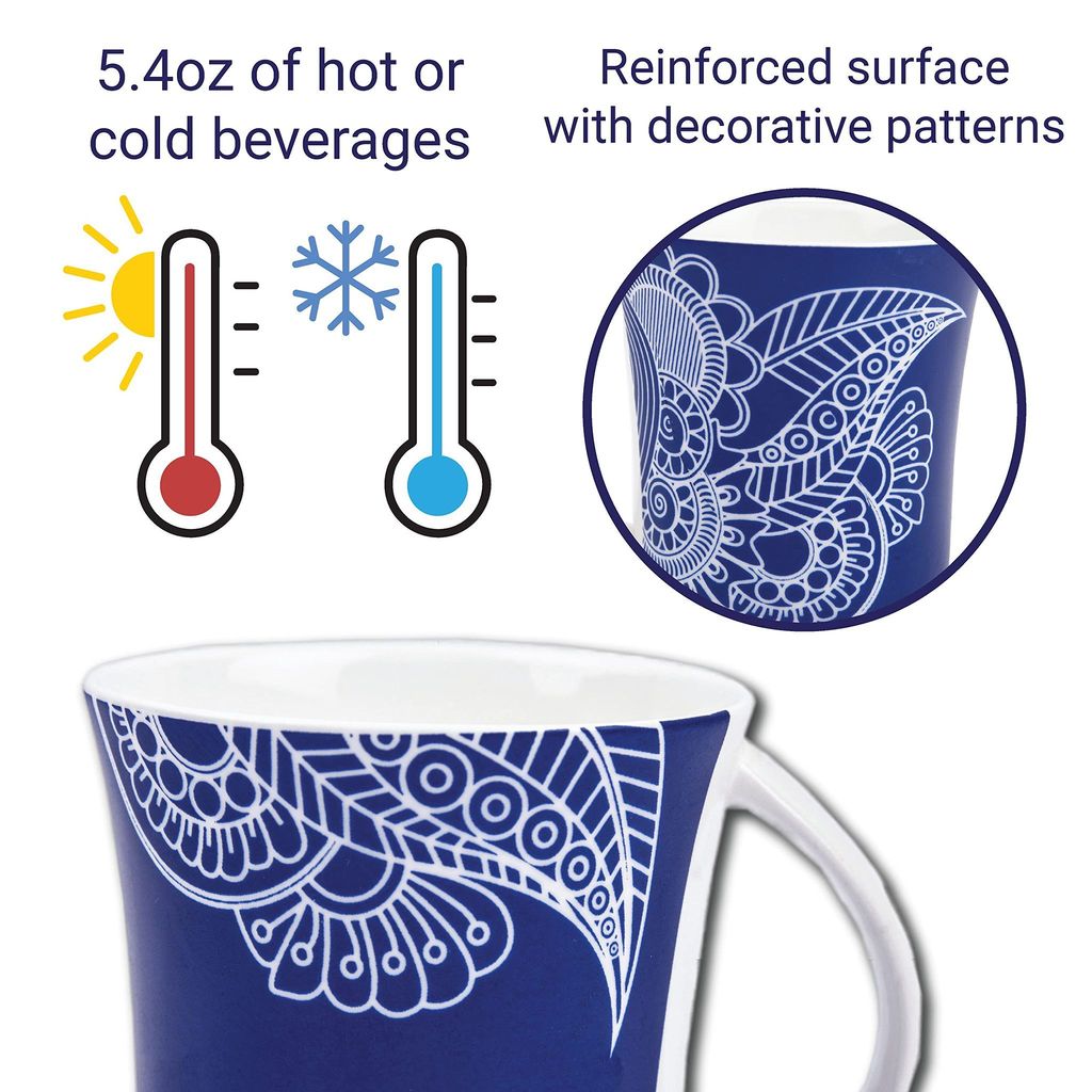 Femora Rich Paisley Pattern Tea Cups, Ceramic Tea Cups, Coffee Mugs (160 ml) - 6 Pcs Set (Blue)