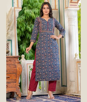 Vbuyz Cotton Printed Straight Women's Kurti - Blue ( Pack of 1 )