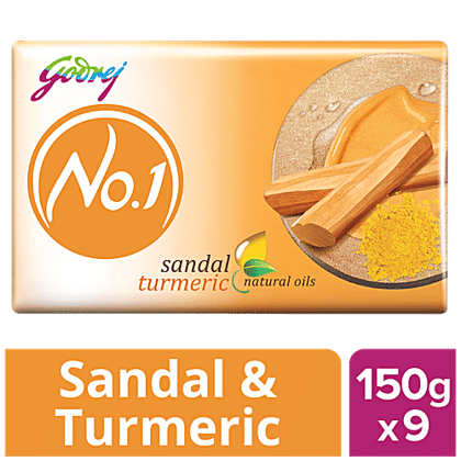 Godrej No.1 Sandal & Turmeric Bathing Soap, With Natural Oils, Gives Glowing Skin, 150 g (Pack of 9)