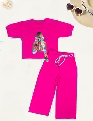 Girl's Hot Pink Causal Co-Ord  Set [GCS-5042](1-12 Years)-4-5Y (Size - 24) / Ribbed / Hot Pink