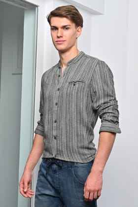 Glenn - Cotton Striped Shirt with Mao Collar - Green-S-38 / GREEN
