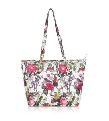 Women's Faux Leather Printed Tote Bag (White Pink)