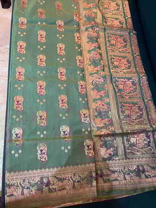 Sea Green Swarnachari Silk Saree with Purple Zari Mythological Motifs Sea Green Swarnachari Silk Saree with Purple Zari Mythological Motifs