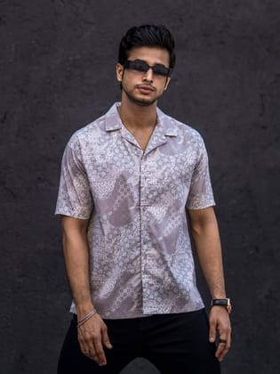 Paisley Oversized Light Grey Half Sleeve Shirt-S