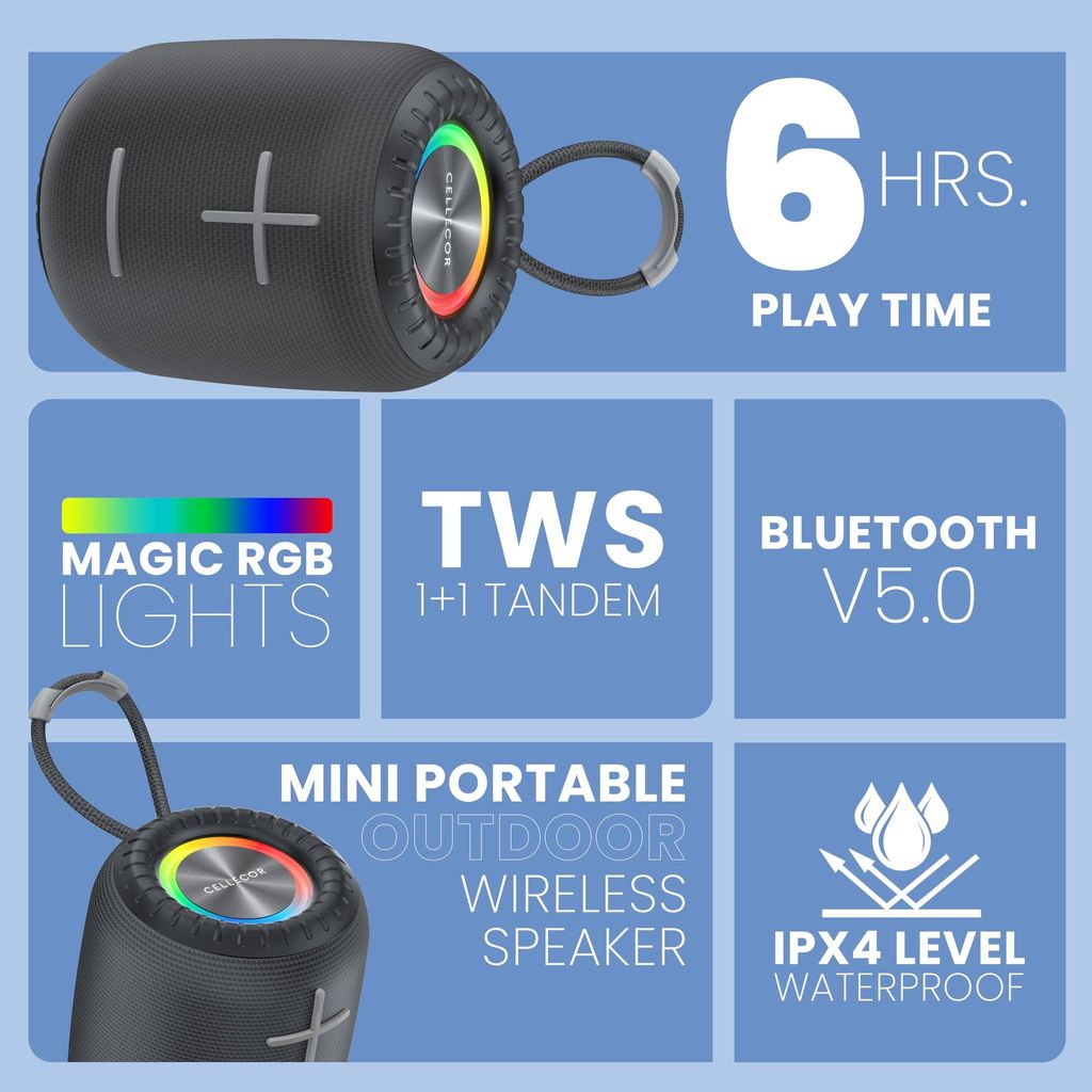 CELLECOR BT-703 6W Mini Portable Wireless Speaker | 6 Hour Playtime | 5.0V | Bluetooth Speaker with RGB Light - Black