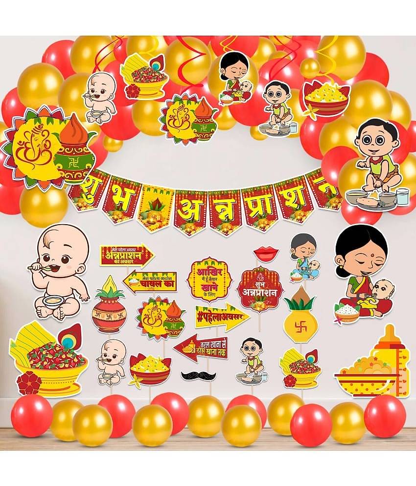 Zyozi Annaprasanam Swirls with Cardstock Cutout, Annaprasanam Bunting Banner Hindi Font Shubh Annaprashan and Balloon,Photo Booth Props,Rice Ceremony Decorations Items (Pack of 56)