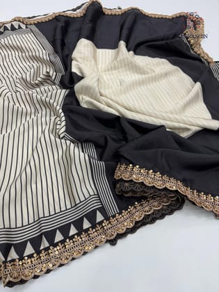 New Function Wear Black n White Color Pure Satin Silk Ajrak Printed Rich Pallu n Sequence Lace Work Fancy Designer Saree
