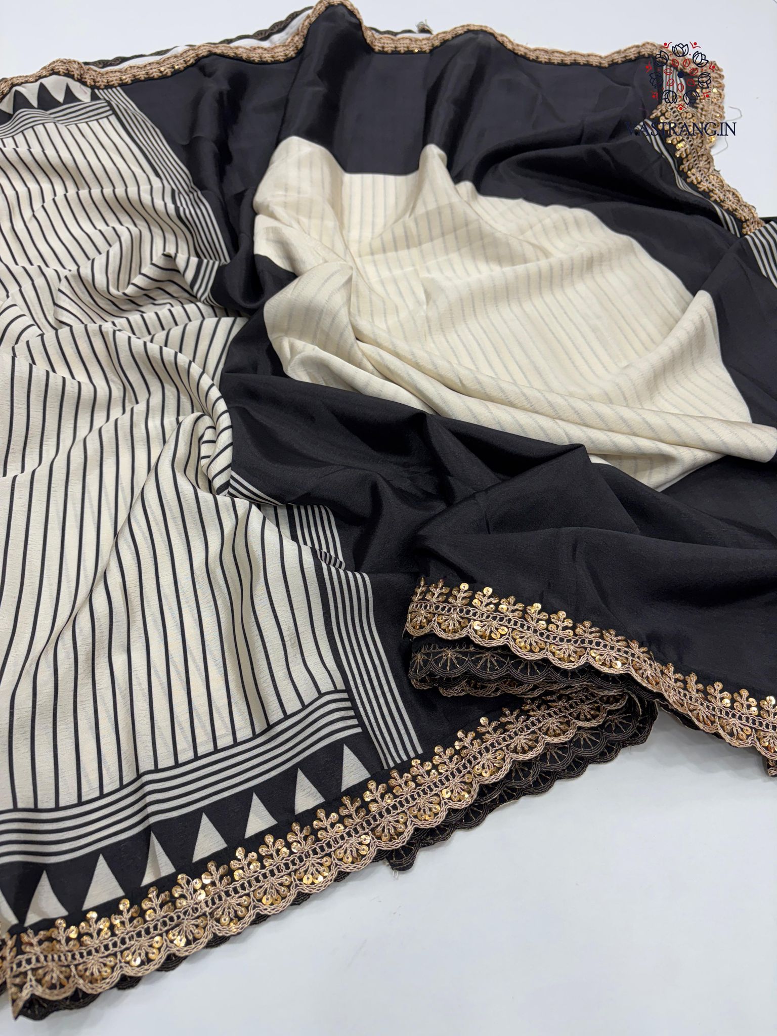 New Function Wear Black n White Color Pure Satin Silk Ajrak Printed Rich Pallu n Sequence Lace Work Fancy Designer Saree