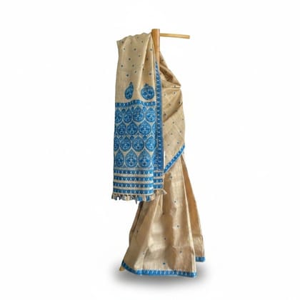 Traditional Beige and Blue Silk Saree